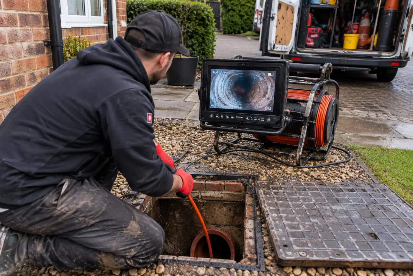 Engineer watching a CCTV drain camera feed on a screen beside an open manhole