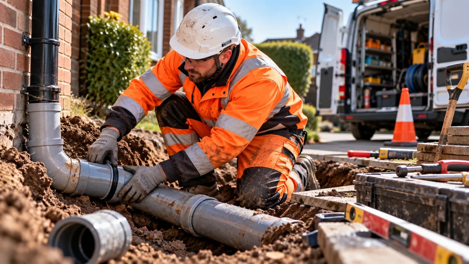 Engineer fitting a new section of drainage pipe in an excavated trench