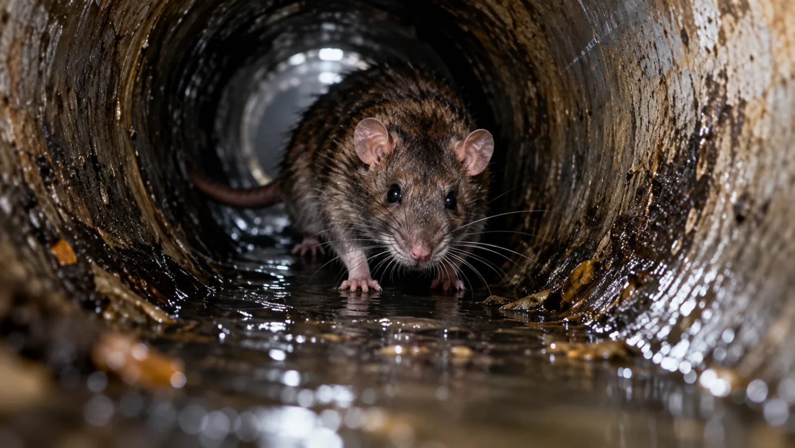 Engineer inspecting a gully with a torch, a rat sitting in the pipe below