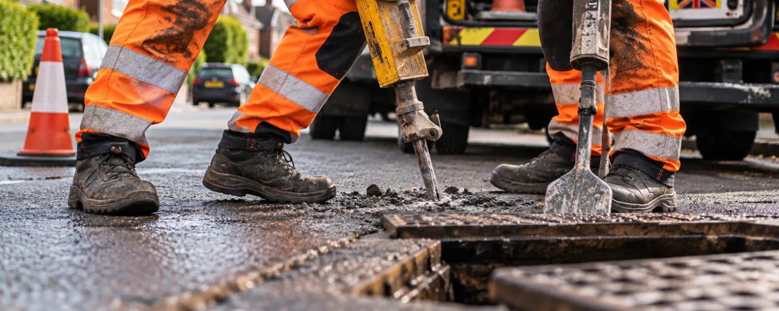 Two drainage engineers breaking out the road around a manhole
