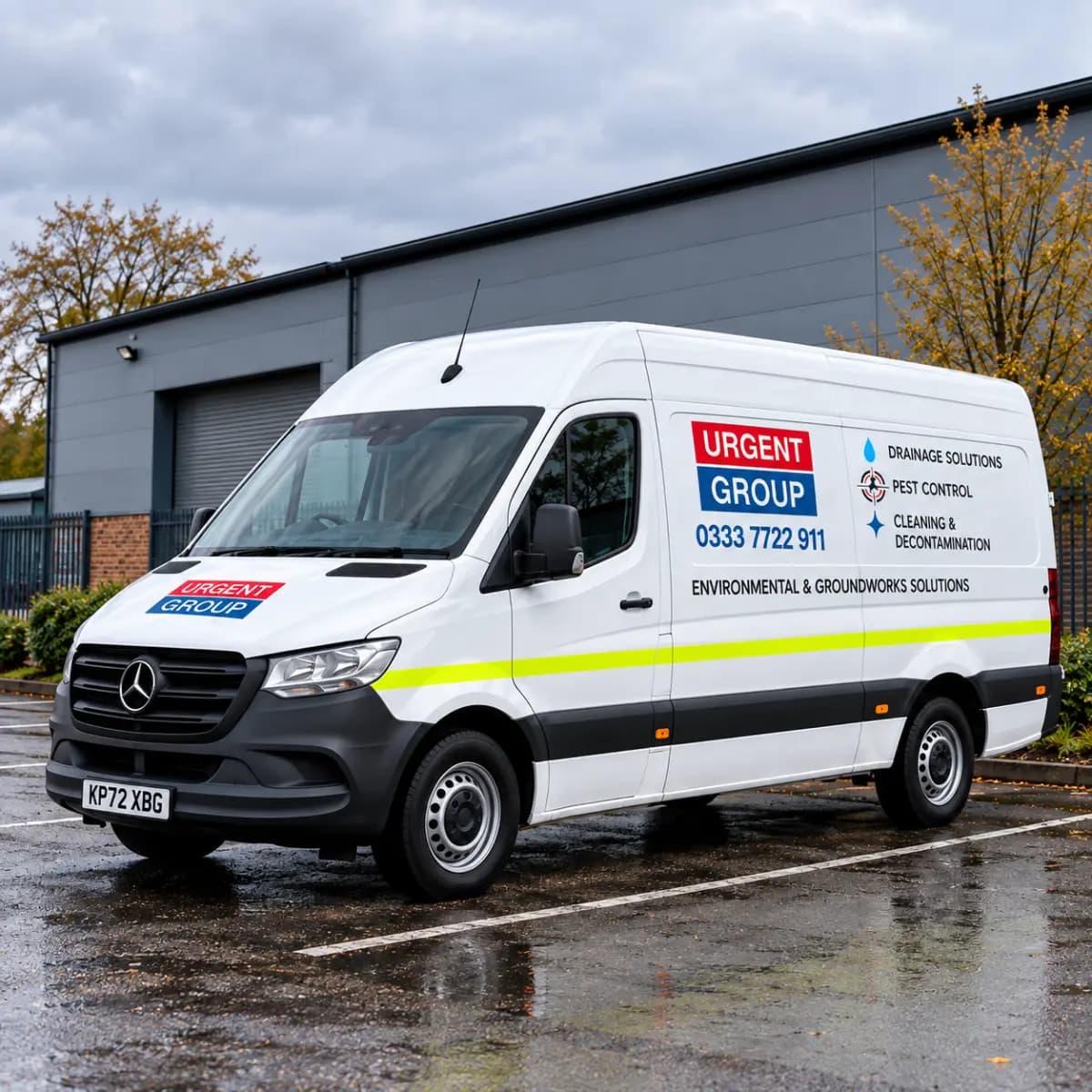 Urgent Group signwritten van parked outside a commercial unit, lettered for drainage, pest control and cleaning