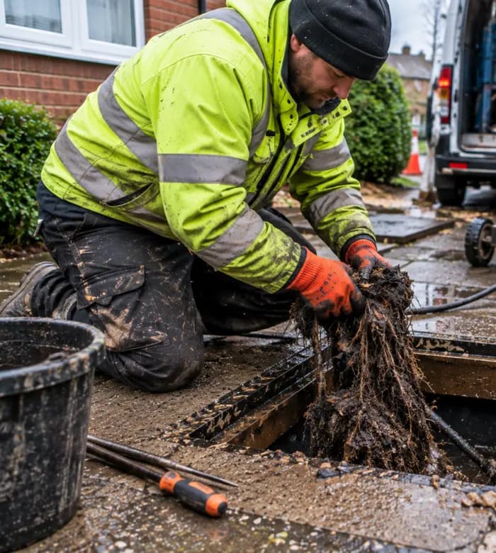 Engineer lifting a mass of root and silt debris out of an open drain chamber