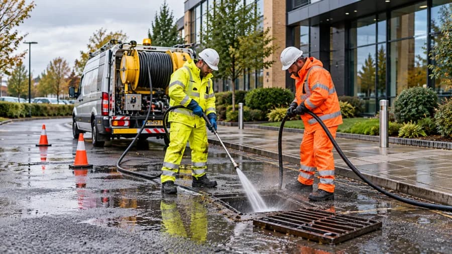 Two engineers jetting a blocked drain outside a commercial building