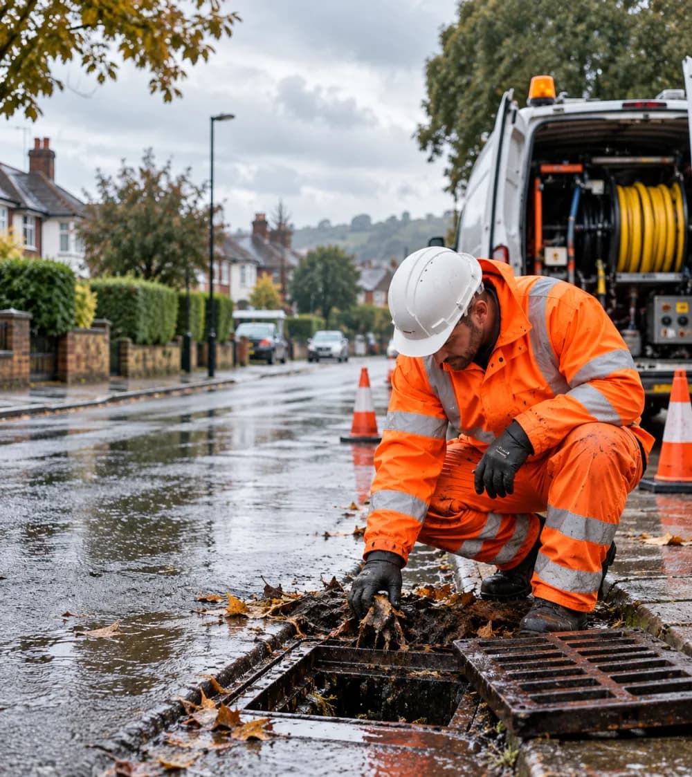 Drainage engineer clearing leaves from a blocked road gully outside a house
