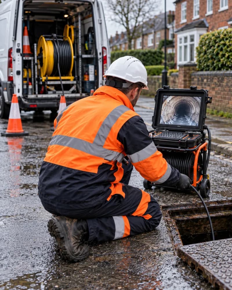 Engineer watching a CCTV drain survey on a monitor beside an open manhole