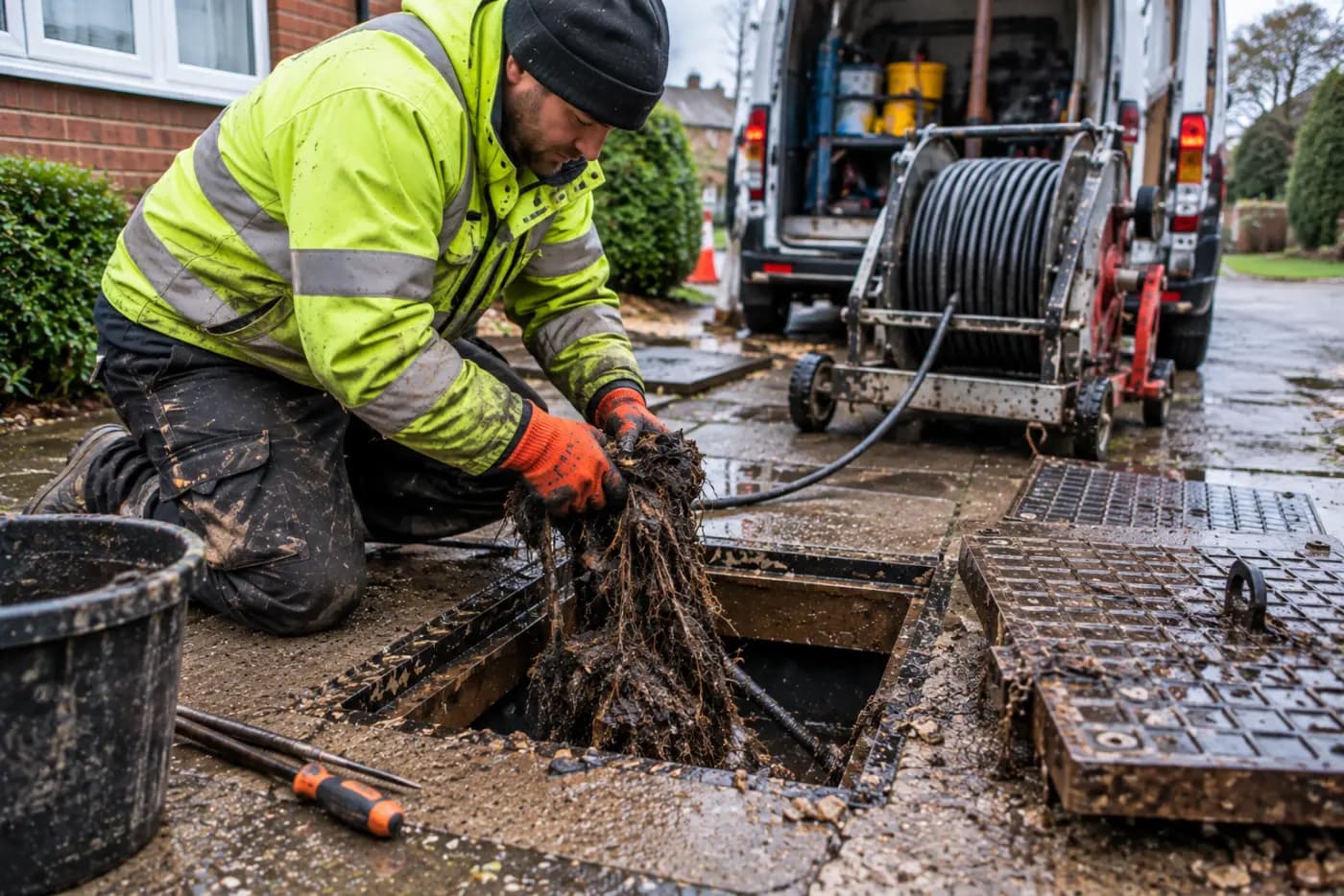 Engineer lifting a mass of root and silt debris out of an open drain chamber, rods and jetting reel beside him