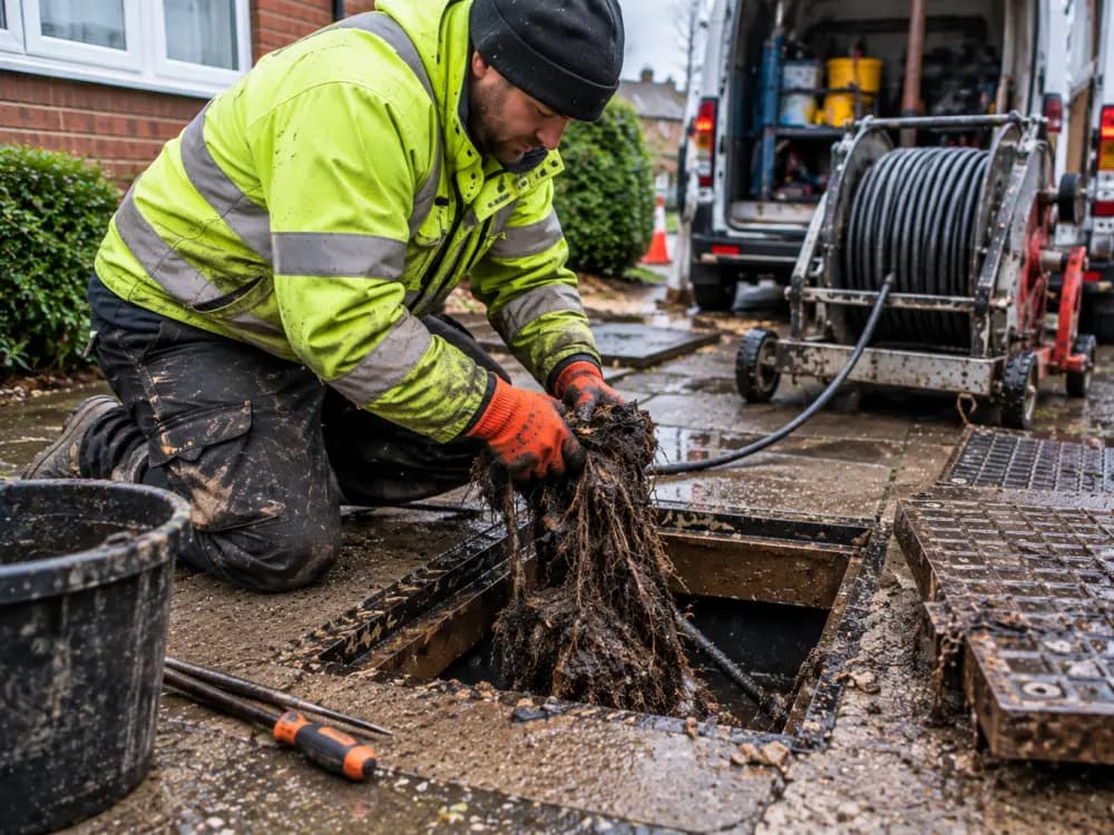 Engineer lifting a mass of root and silt debris out of an open drain chamber, rods and jetting reel beside him