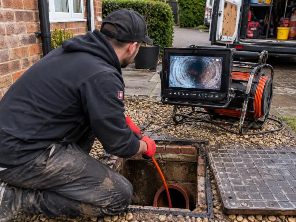 Engineer watching a CCTV drain camera feed on a screen beside an open manhole