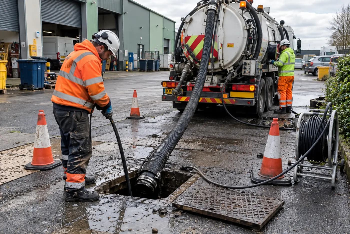 Two engineers jetting a manhole from a tanker outside a commercial unit