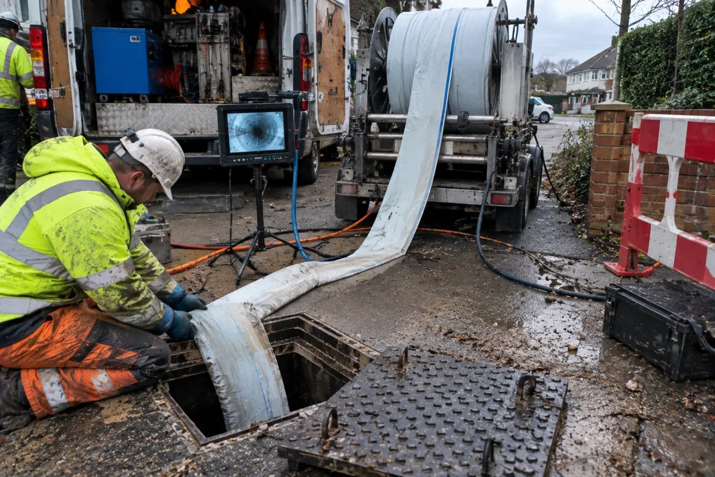Engineer feeding a resin liner from a reel into an open manhole, the CCTV monitor beside him showing inside the pipe