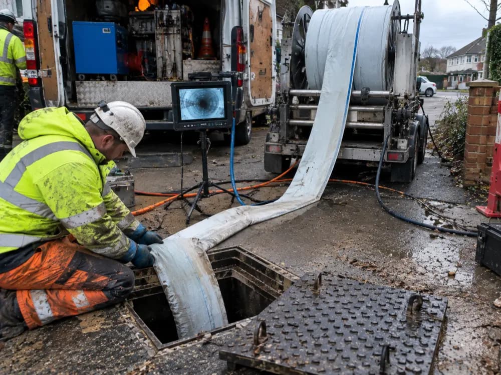Engineer feeding a resin liner from a reel into an open manhole, the CCTV monitor beside him showing inside the pipe