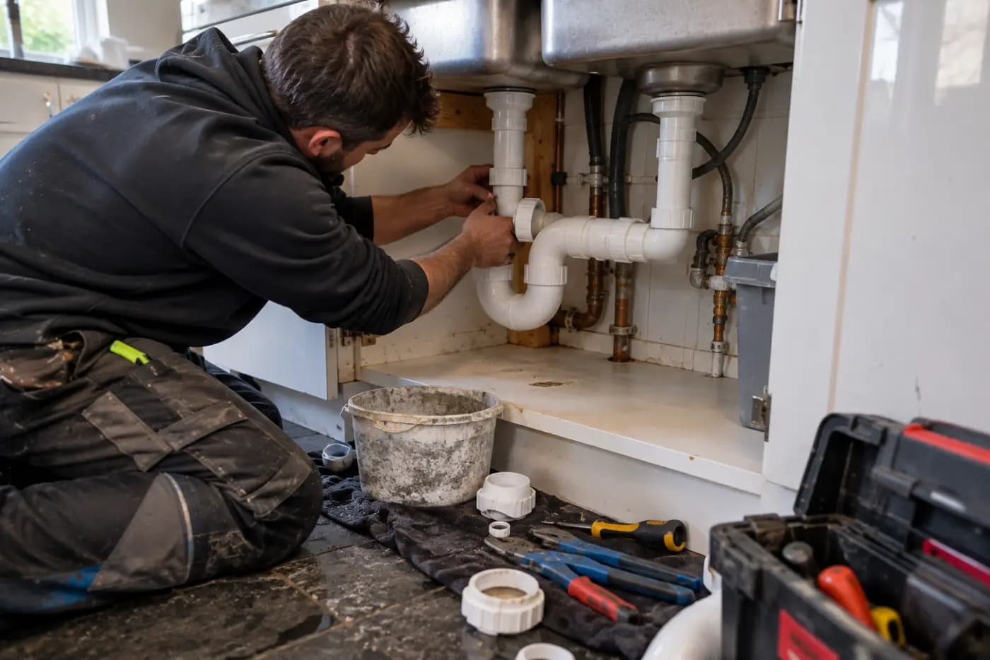 Engineer tightening a waste trap under a kitchen sink