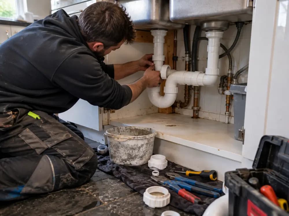 Engineer tightening a waste trap under a kitchen sink