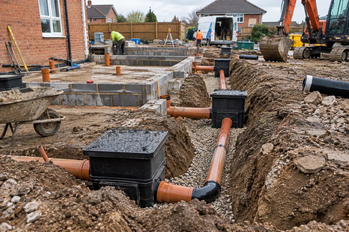 New drainage laid across a building plot — orange pipe runs and inspection chambers bedded on gravel beside fresh blockwork footings, excavator on site