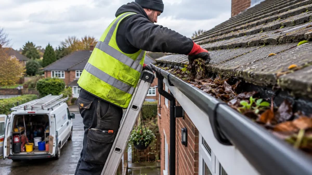 Engineer in a hi-vis vest on a ladder clearing moss and wet leaves from a house gutter, van parked below