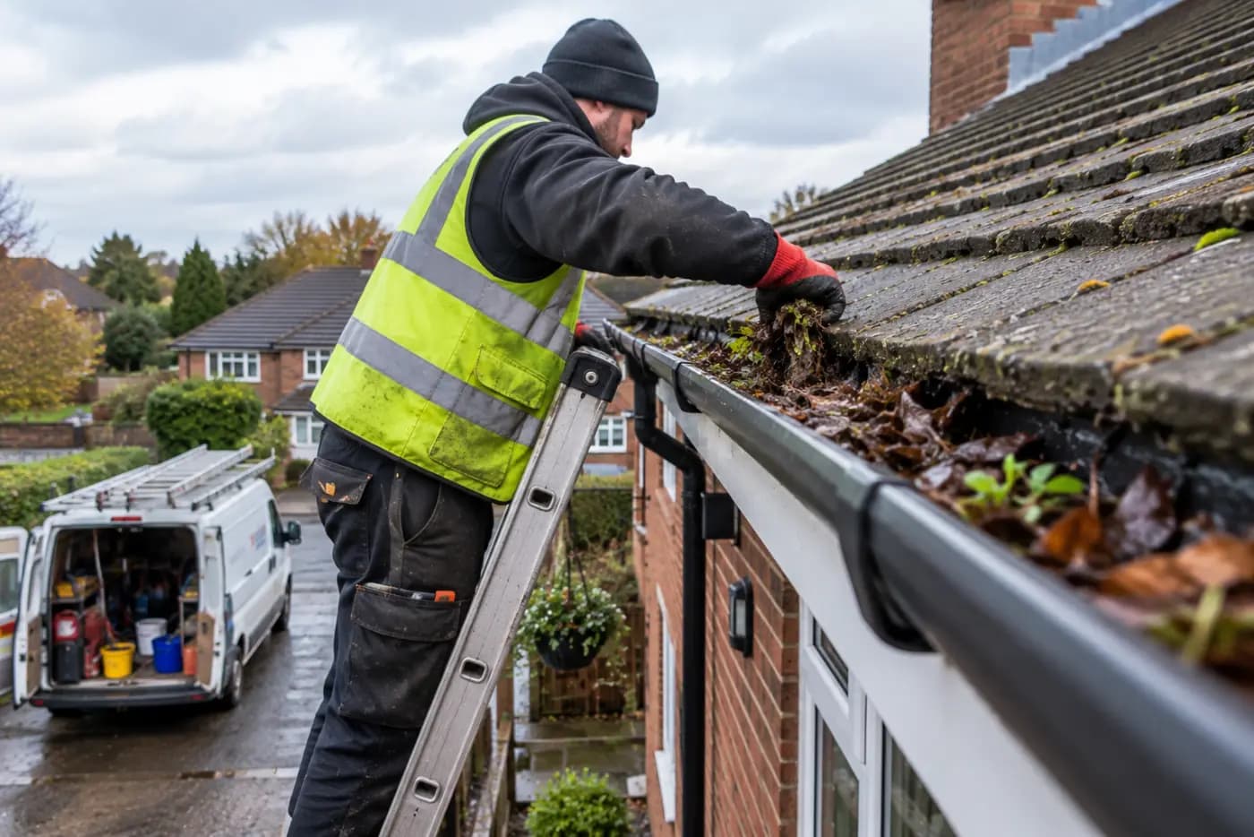 Engineer in a hi-vis vest on a ladder clearing moss and wet leaves from a house gutter, van parked below