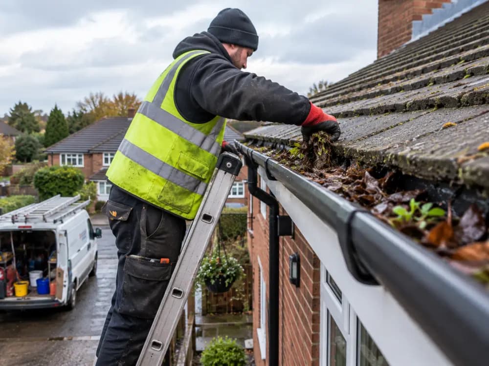 Engineer in a hi-vis vest on a ladder clearing moss and wet leaves from a house gutter, van parked below