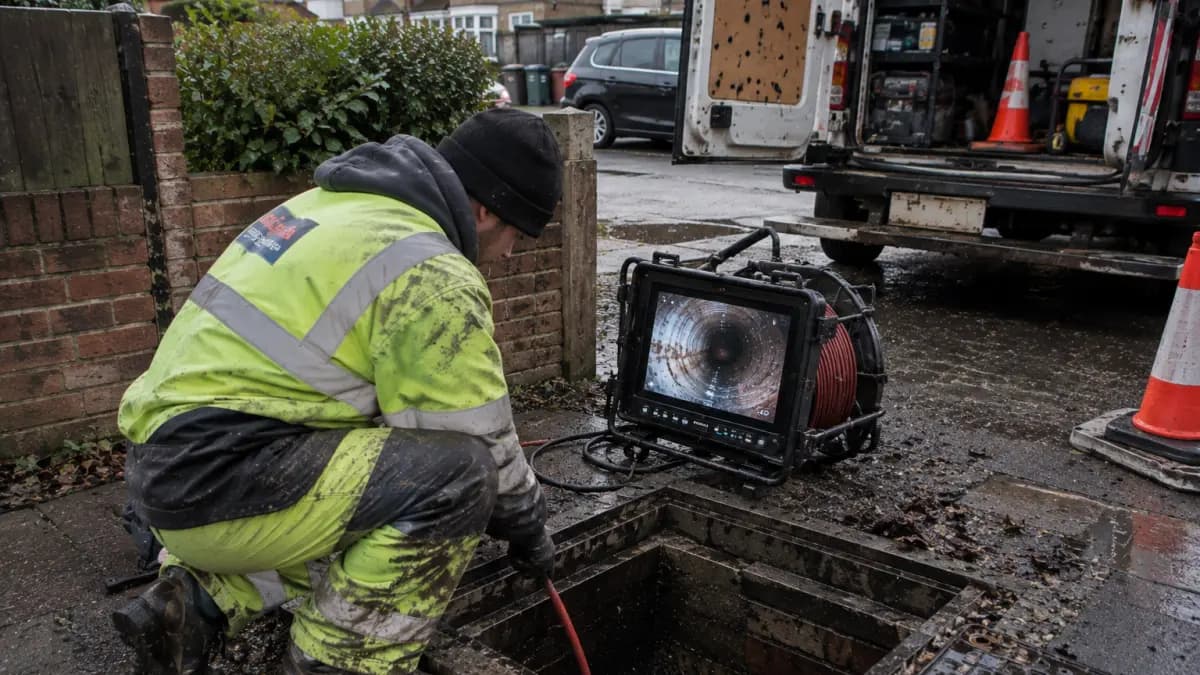 Engineer crouched at an open inspection chamber beside a CCTV monitor showing the inside of a drain pipe