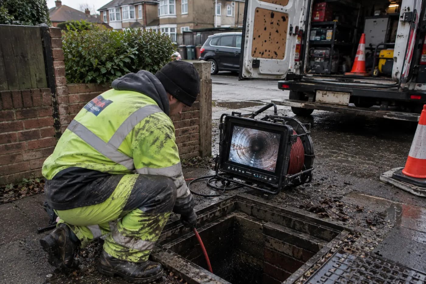 Engineer running a drain camera into an open chamber outside a suburban house, the survey monitor showing the pipe