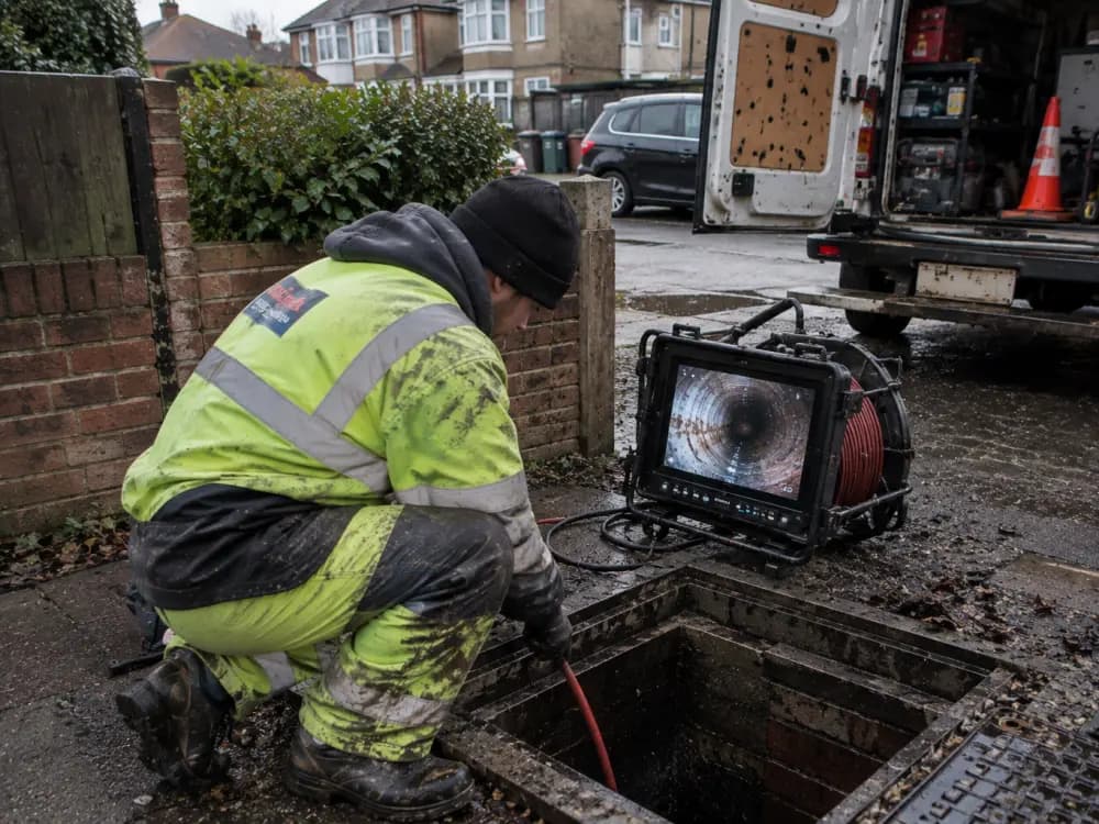 Engineer running a drain camera into an open chamber outside a suburban house, the survey monitor showing the pipe
