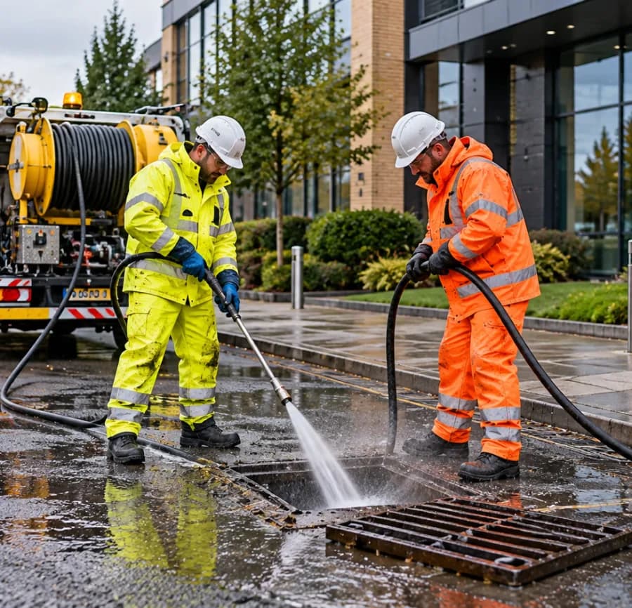 Two engineers jetting a yard gully outside a commercial building