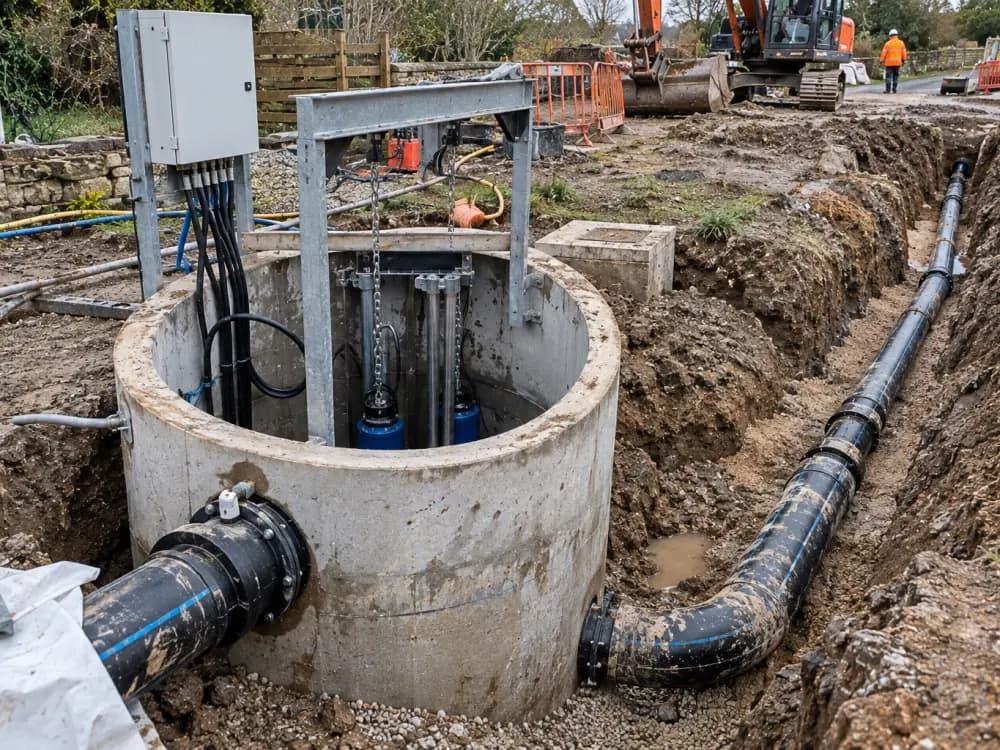 Concrete pumping station chamber with twin submersible pumps on guide rails, control panel alongside and the rising main laid out along the trench