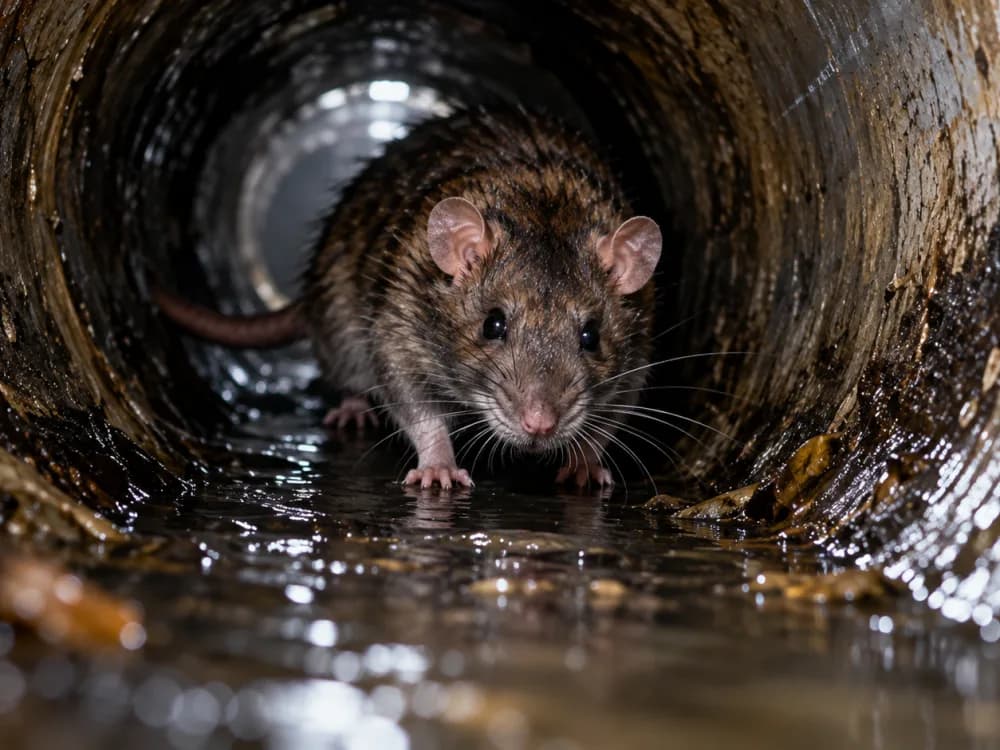Engineer inspecting a gully with a torch, a rat sitting in the pipe below