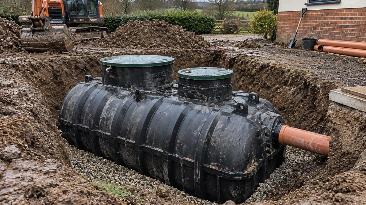 Black two-chamber septic tank bedded on gravel in an open excavation, orange outlet pipe attached and a digger behind