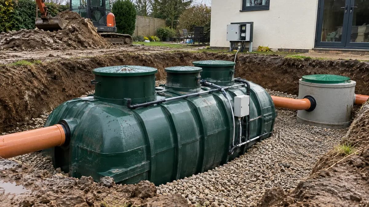 Green package sewage treatment plant set in gravel in an open excavation beside a house, orange pipes connected