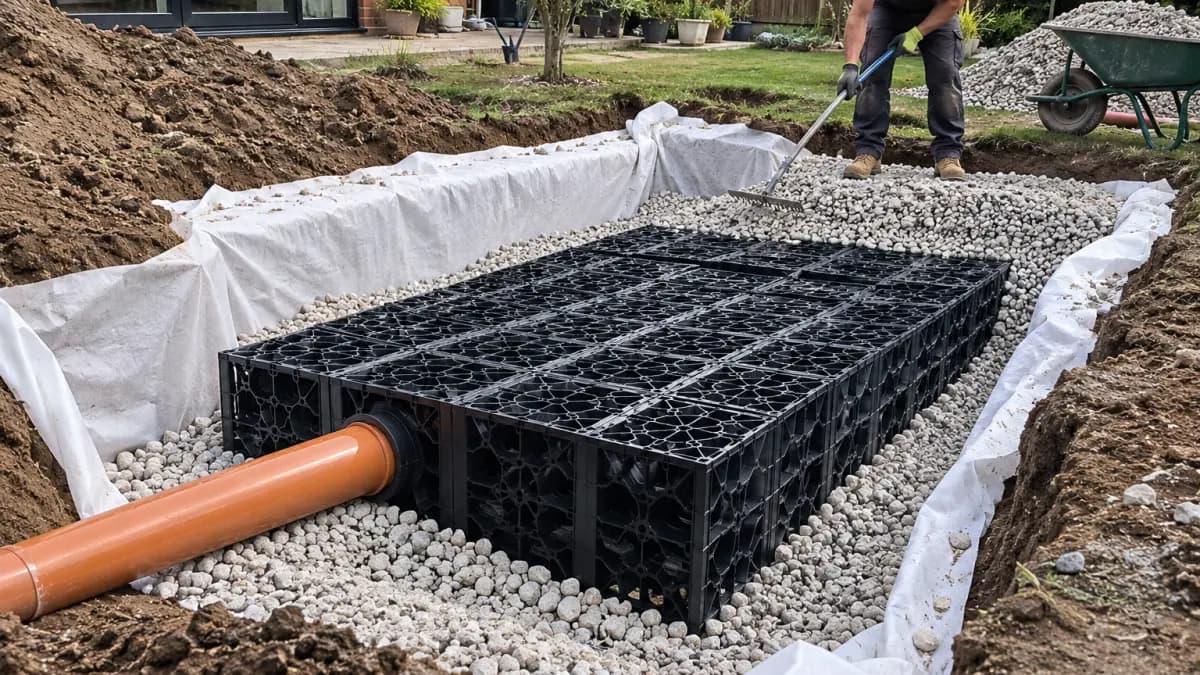 Modular crate soakaway wrapped in geotextile and surrounded by gravel, orange inlet pipe connected