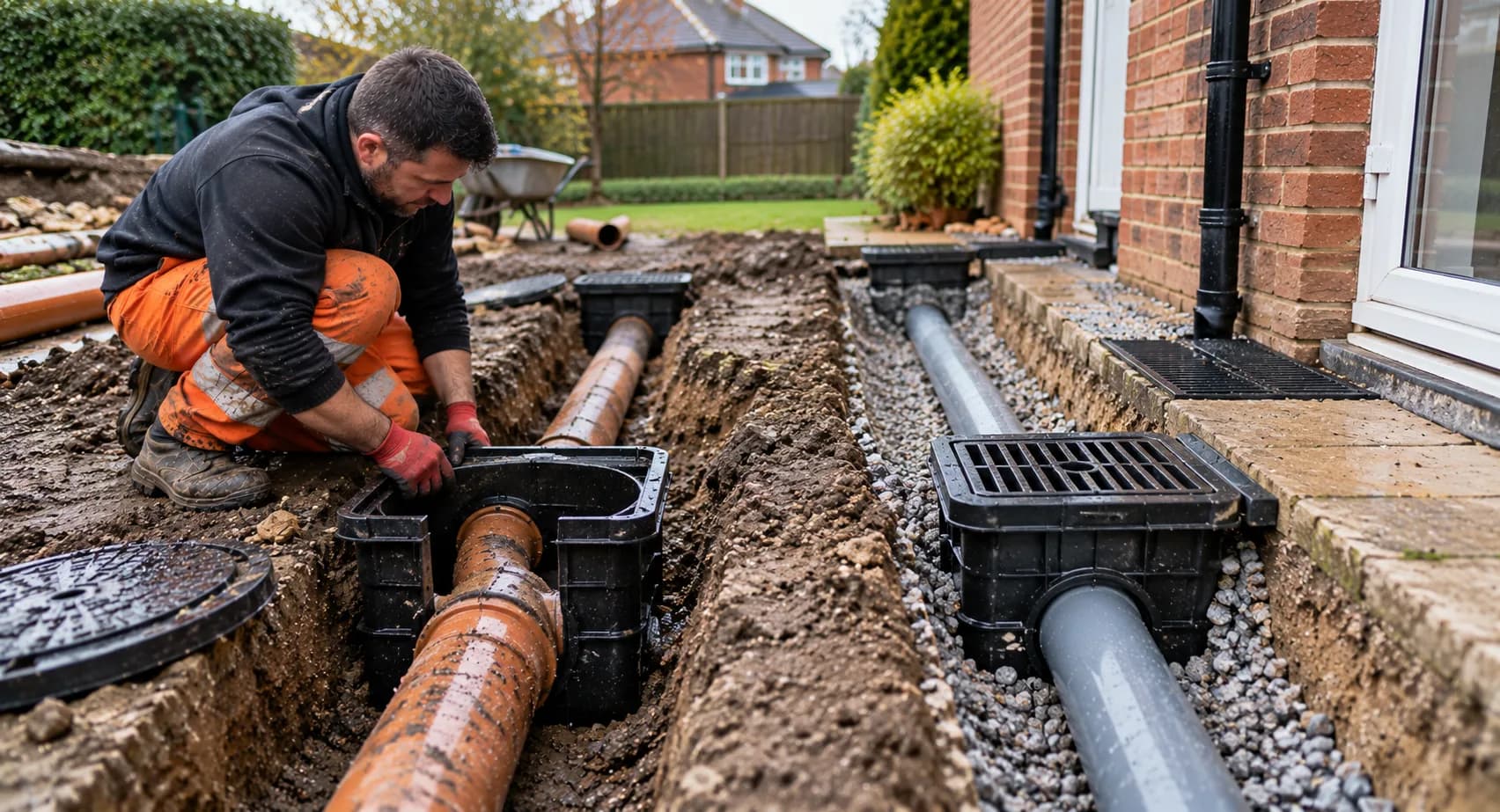 Engineer in hi-vis jointing orange drain pipes into a concrete chamber in an excavation beside a house