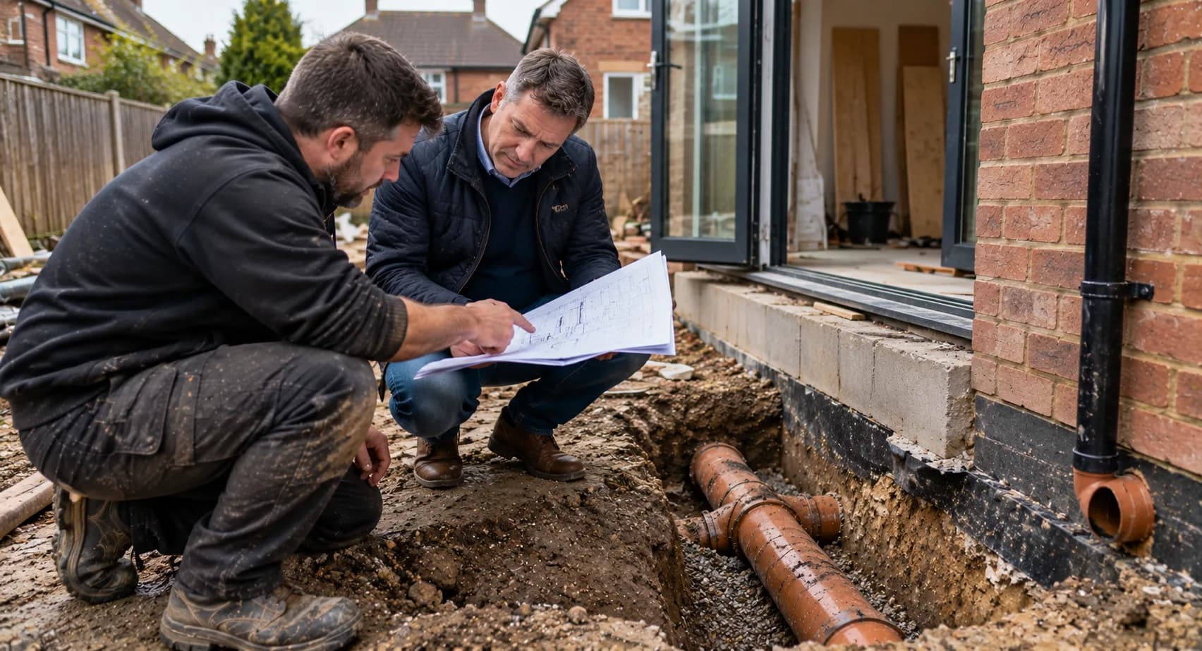 New extension foundations on a building site, with orange drainage pipes and black inspection chambers laid in gravel trenches