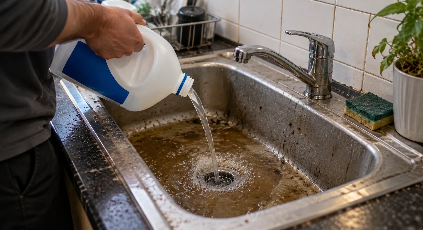 Engineer refitting a white plastic waste trap under a kitchen sink, with a bucket and tools on the floor