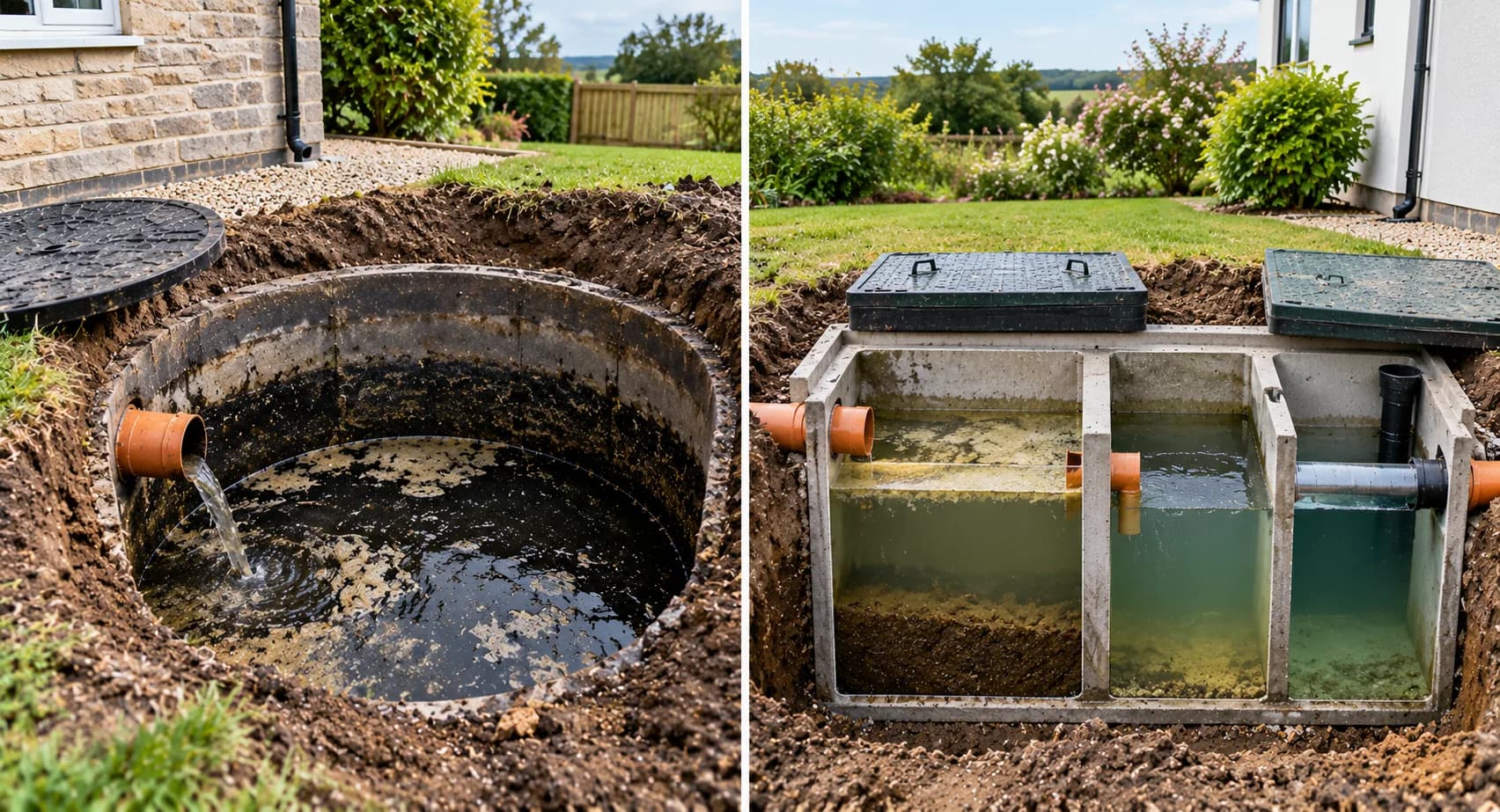 Green package sewage treatment plant set in gravel in an open excavation beside a house, orange pipes connected