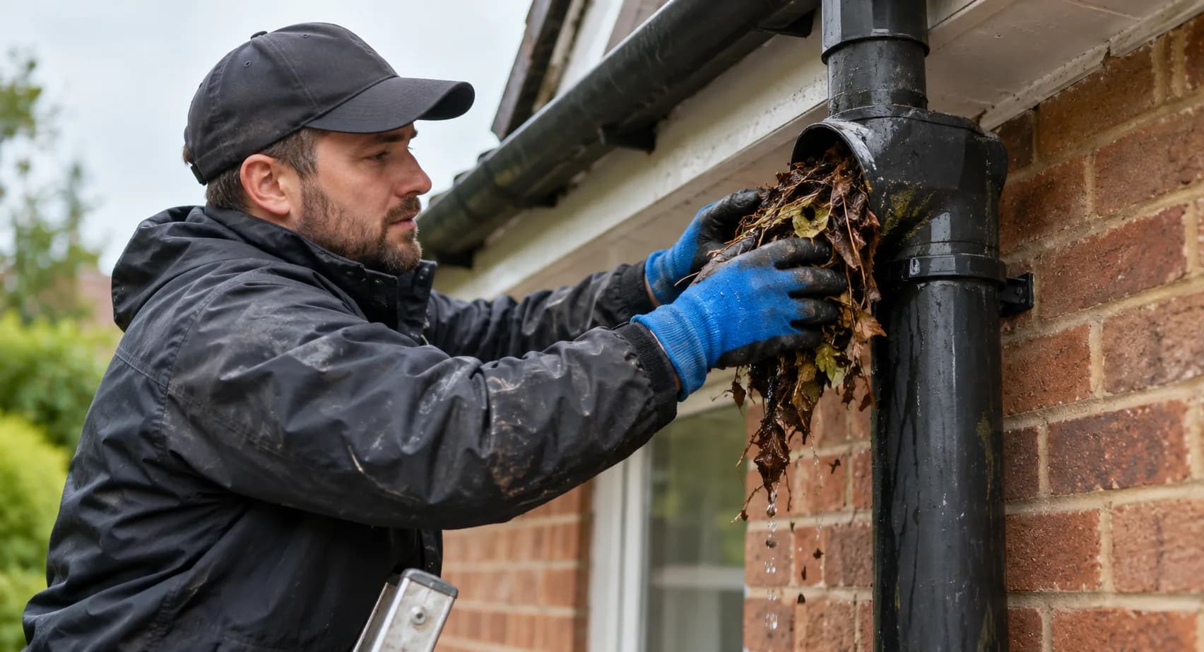 Engineer on a ladder pulling wet leaves and moss out of a house gutter beside a black downpipe, with a van parked below