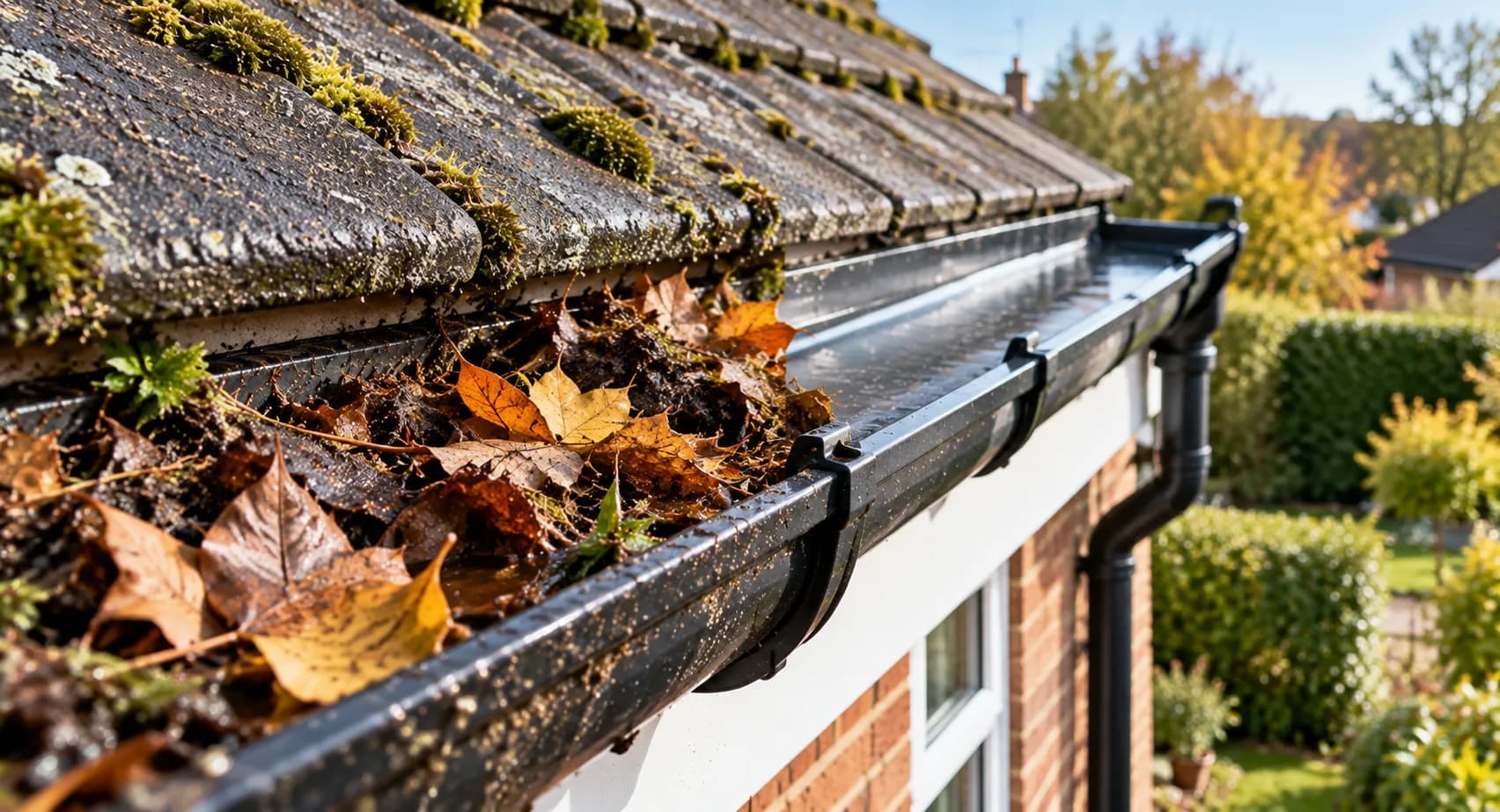 Rainwater spilling over the edge of an overflowing gutter