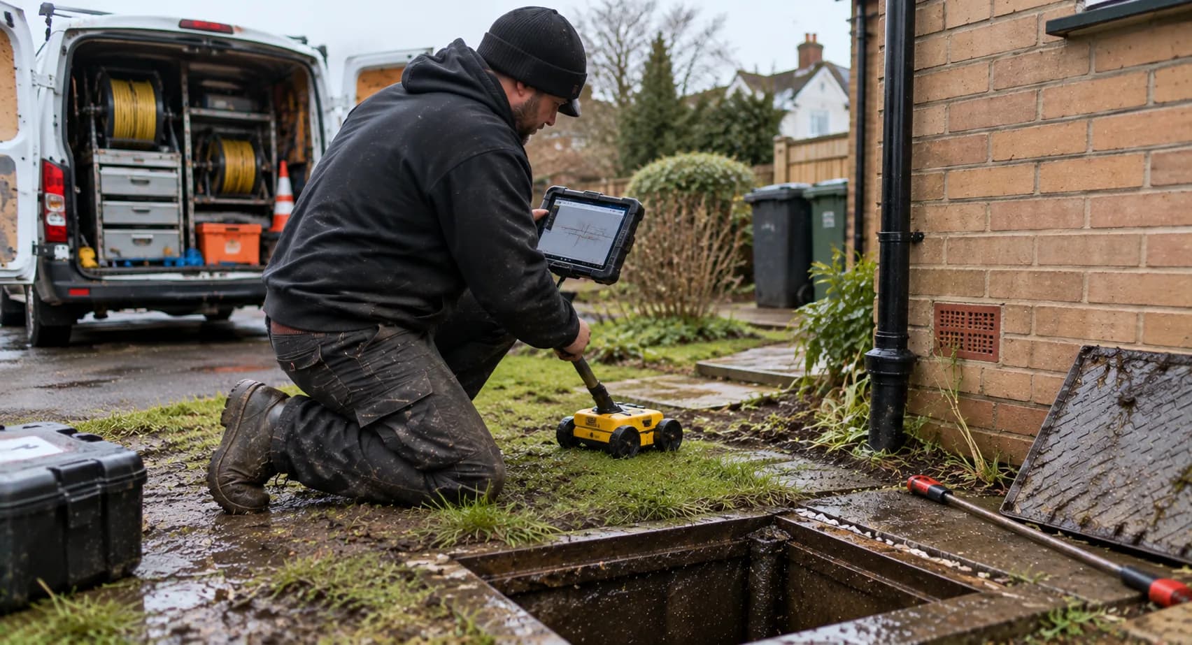 Engineer feeding an orange camera cable into an open brick inspection chamber, a monitor on a reel beside him showing the inside of the pipe