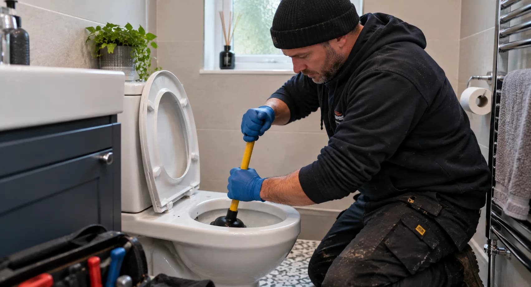 Drainage engineer feeding a CCTV camera into an inspection chamber, with the pipe picture on a monitor beside him