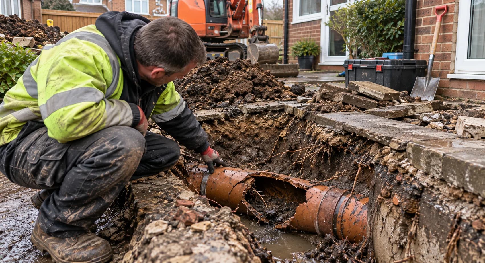 Large black drainage pipe being laid in a long excavated trench on a building site