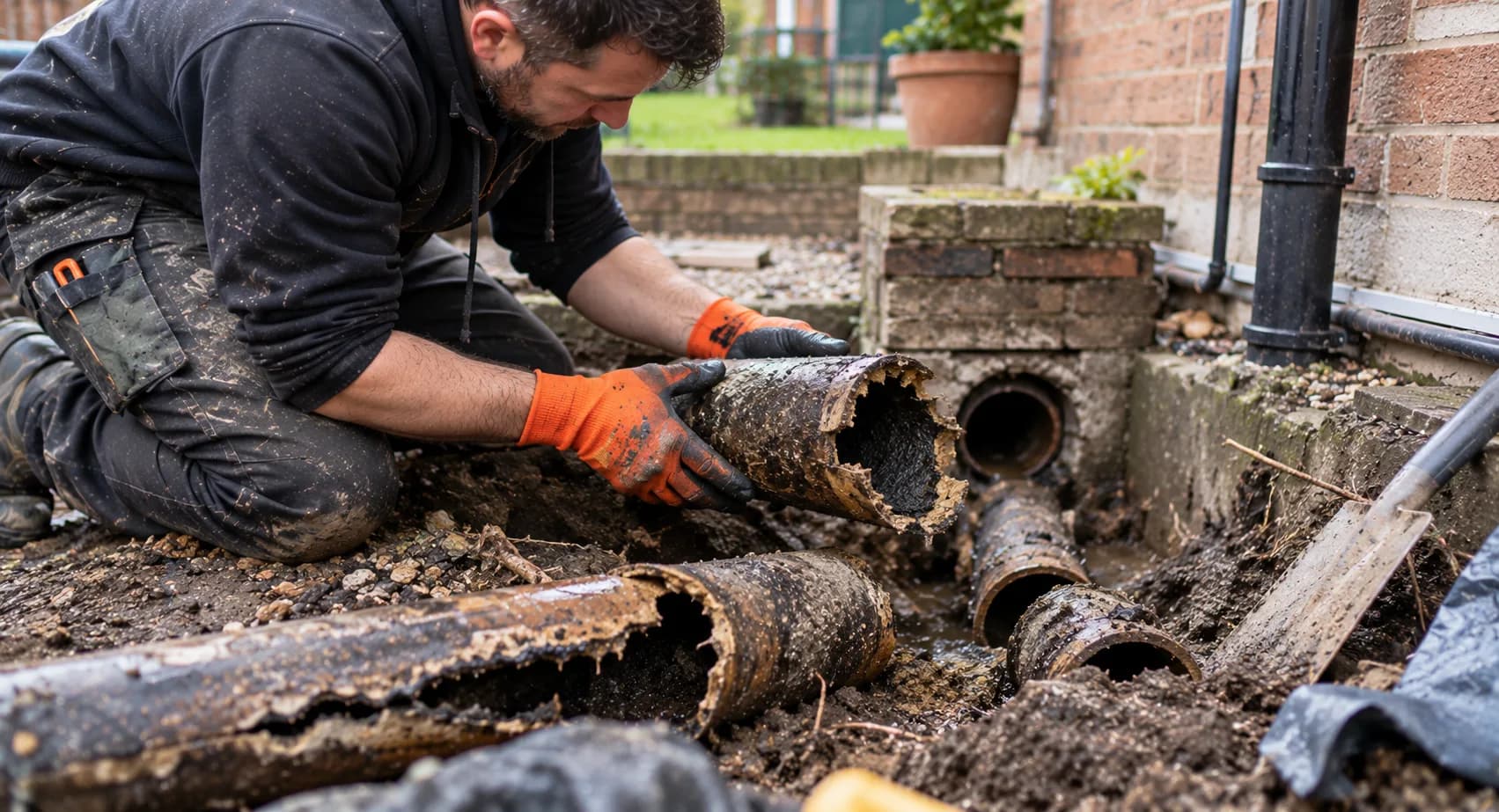 Engineer feeding a flat liner hose into an open manhole, a monitor beside him showing the inside of the pipe