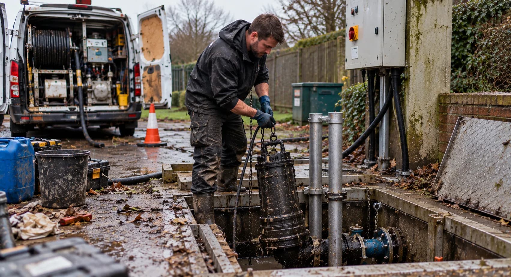 Concrete pumping station chamber with twin blue submersible pumps on guide rails, a control panel alongside and the rising main laid in a trench
