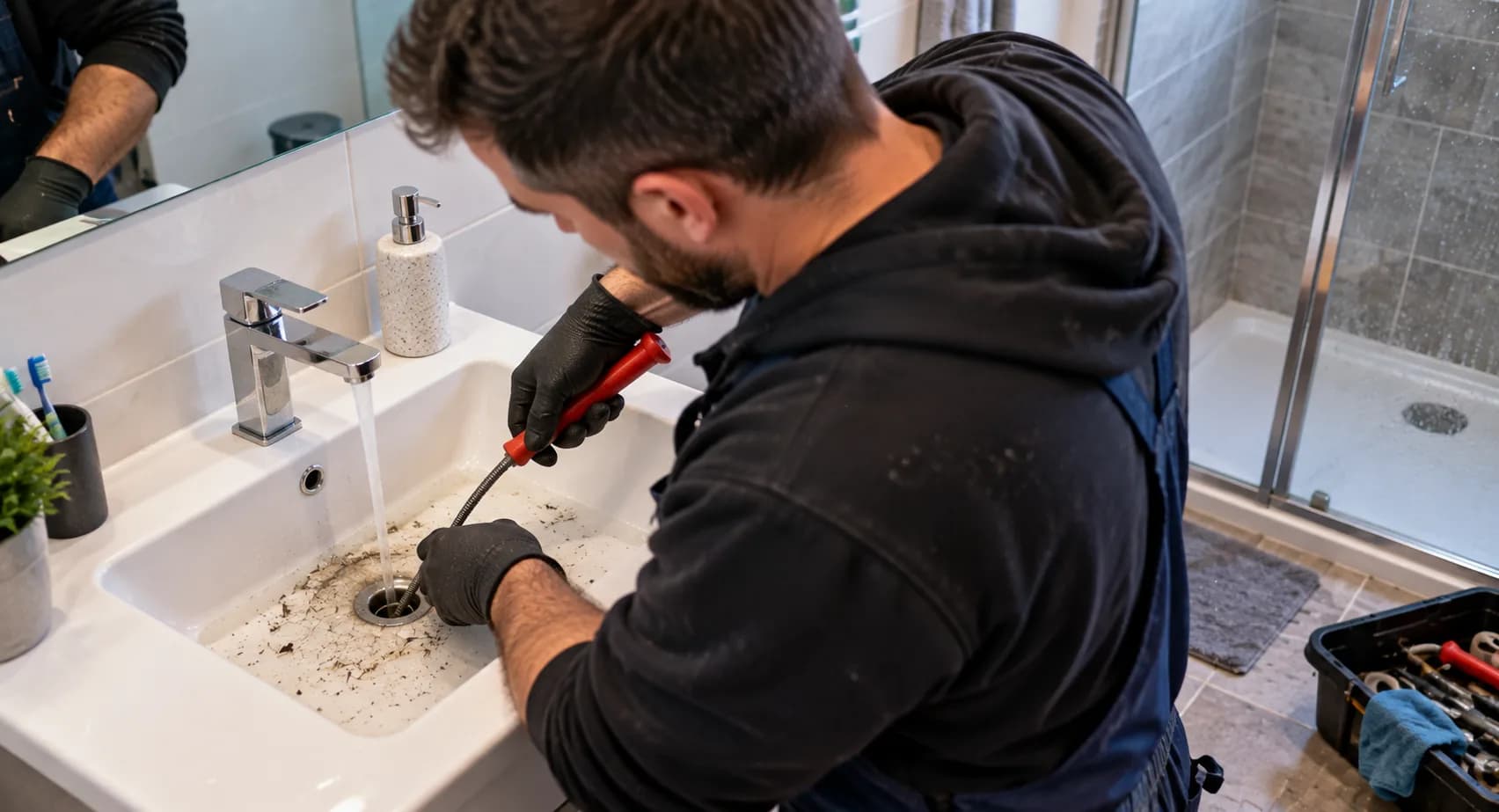 Drainage engineer clearing a blocked waste pipe under a sink