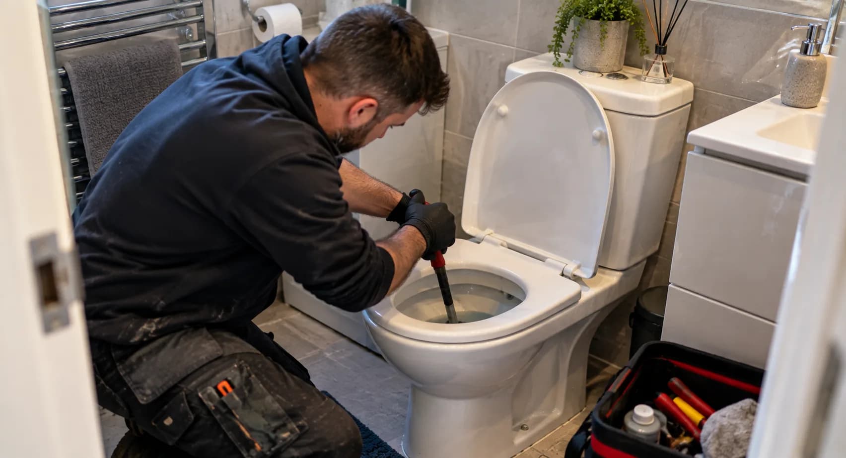 Drainage engineer working on bathroom waste pipework beside a toilet