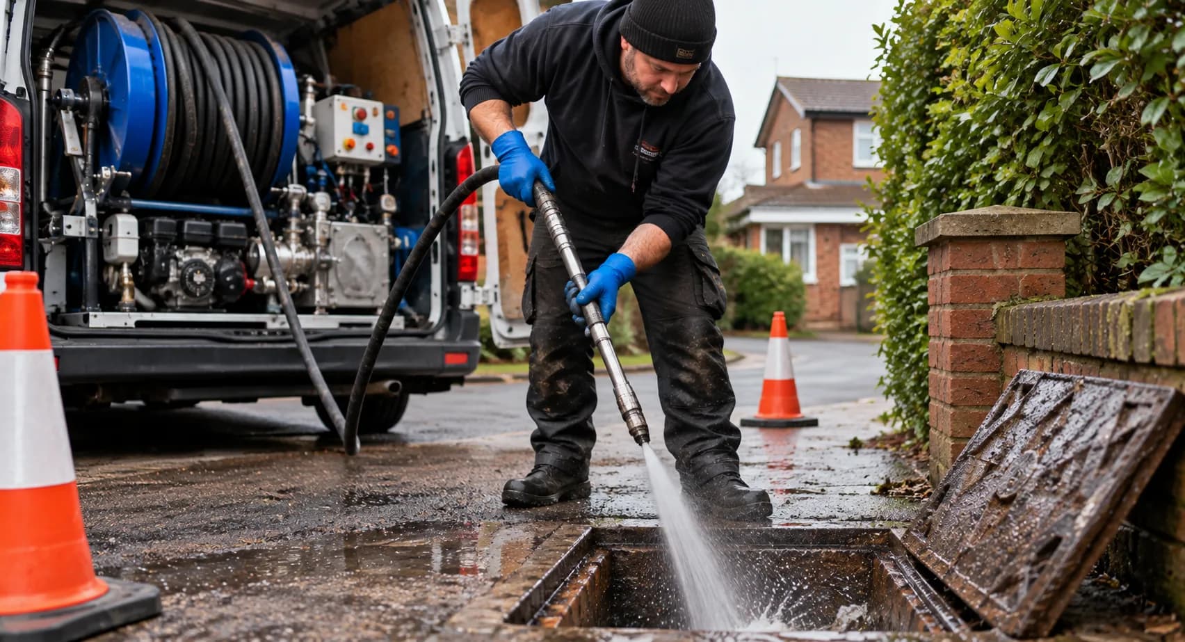 Engineer in hi-vis spraying water from a jetting lance into an open brick drain chamber on a wet driveway, a jetting van with its hose reel parked behind