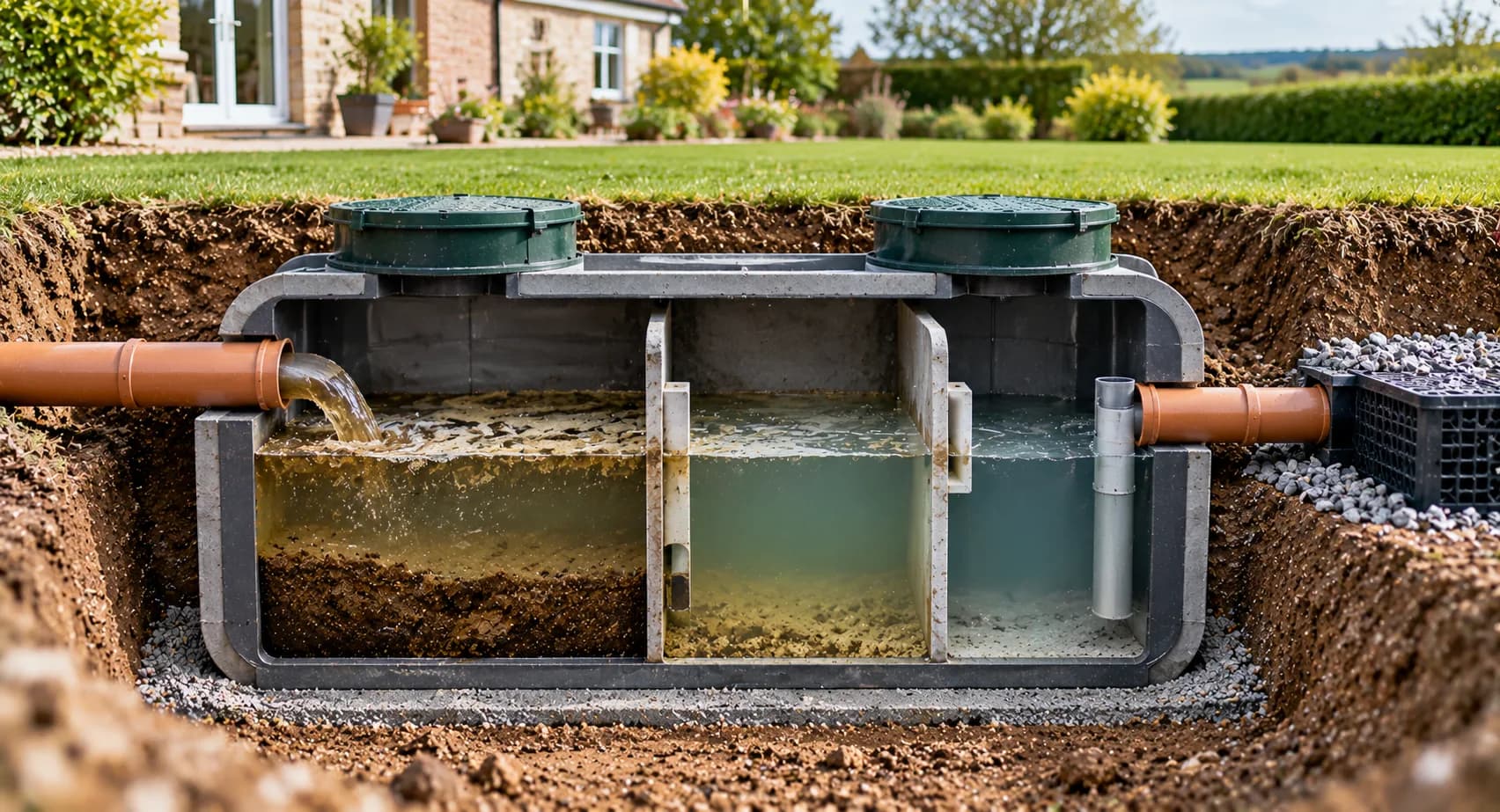 Black two-chamber septic tank bedded on gravel in an open excavation, orange outlet pipe attached and a digger behind