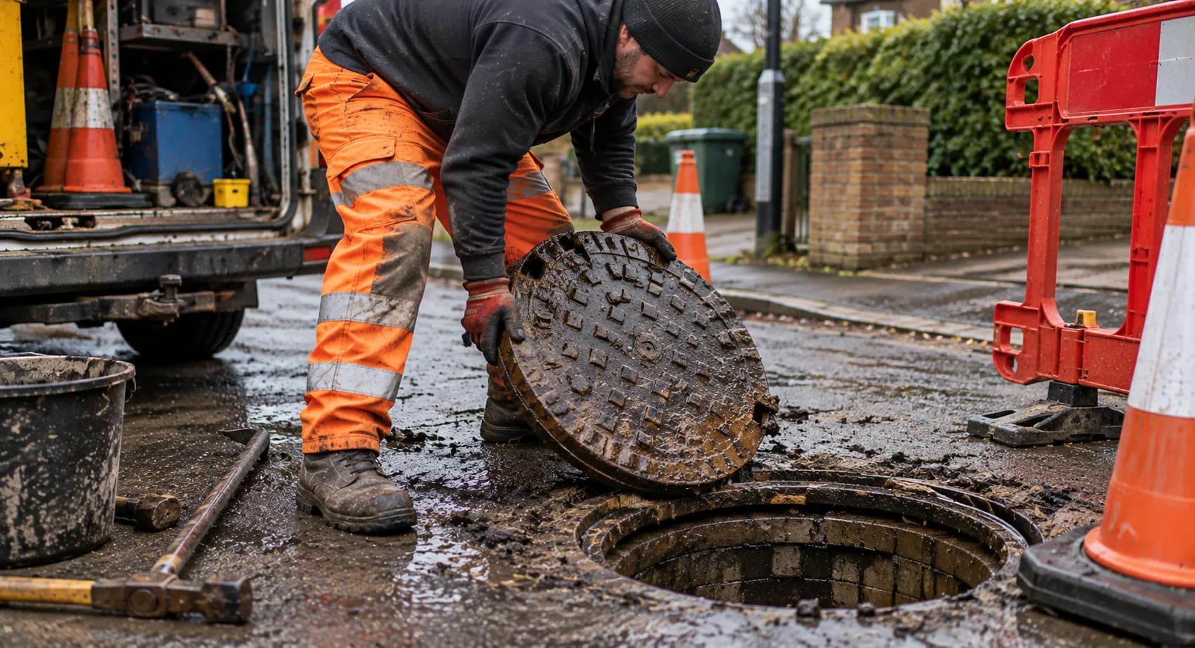 Round metal manhole cover stamped with the word DRAIN set into a tarmac surface